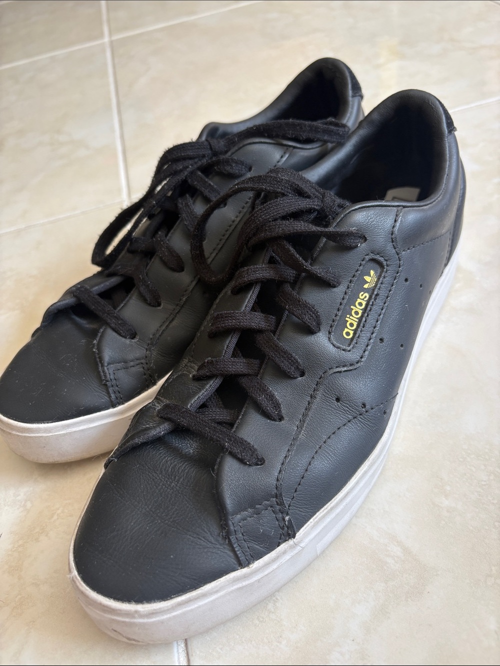 adidas Black Leather Lace-Up Sneakers with White Sole
